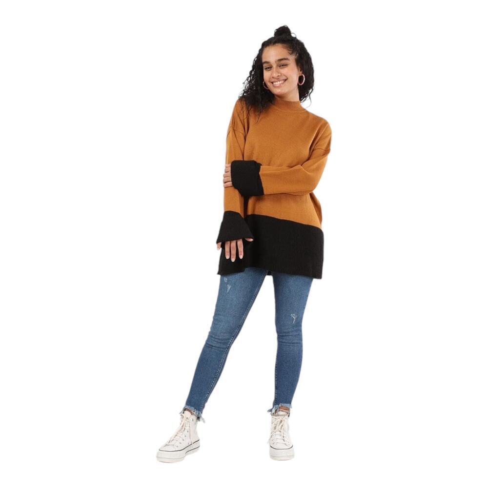 TAHARI medium oversized funnel neck Brown & Black Color Block sweater​​​​​